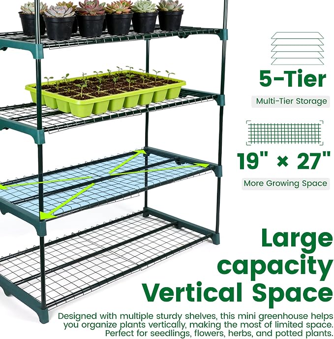 Worth Garden 5 Tier Mini Greenhouse - 75'' H x 27'' L x 19'' W - Sturdy Portable Gardening Shelves with Transparent PVC Cover - Small Porch Green House for Growing Plants Flowers Indoor & Outdoor