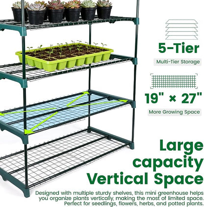 Worth Garden 5 Tier Mini Greenhouse - 75'' H x 27'' L x 19'' W - Sturdy Portable Gardening Shelves with Transparent PVC Cover - Small Porch Green House for Growing Plants Flowers Indoor & Outdoor