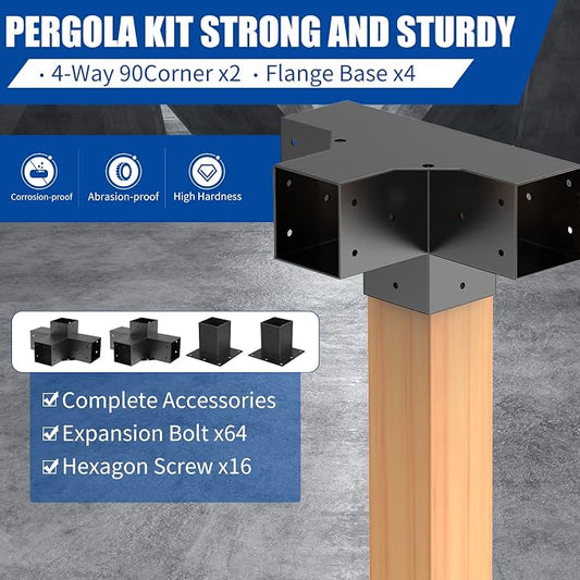 Woodworks Pergola Brackets - Modular Modern Outdoor Pergola Hardware Kit - DIY Elevated Wood Stand - Includes 2 Bracket Shoulders & 2 Boots for 4x4 (Actual: 3.5x3.5 Inch) Lumber
