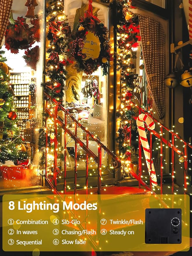 Solar String Lights Outdoor 2 Pack 200 LED Solar Christmas Light Warm White | 8 Lighting Modes, Memory Function, Auto On/Off, 66FT Waterproof Twinkle Lights for Outside Garden Yard Party Xmas Tree Decor