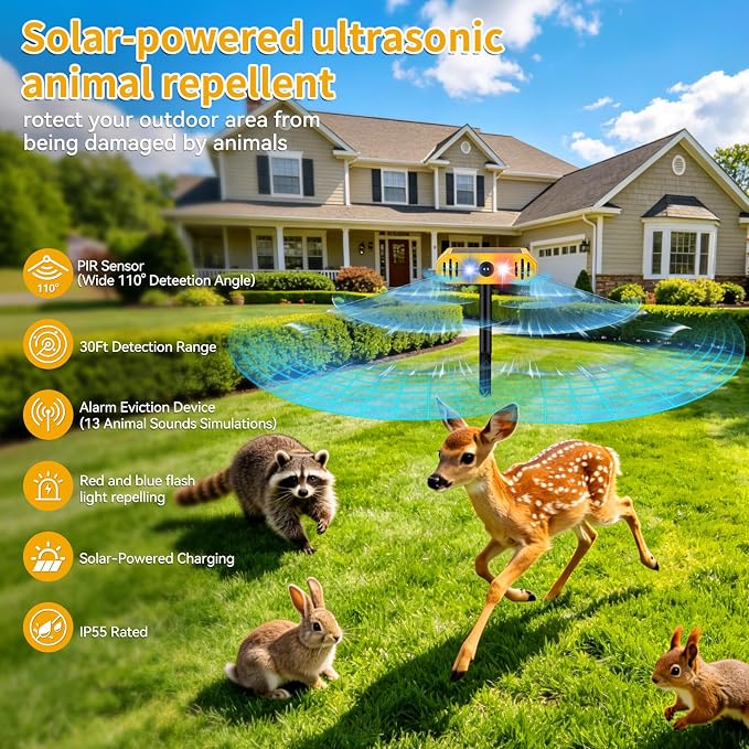 Solar Ultrasonic Animal Repellent with 13 Predator Sounds & Strobe Lights-IP55 Waterproof Sonic Alarm Deterrent for Cat,Deer,Raccoon,Squirrels,2-in-1 Stake or Wall Mount for Yard,Garden,Farm & Patio