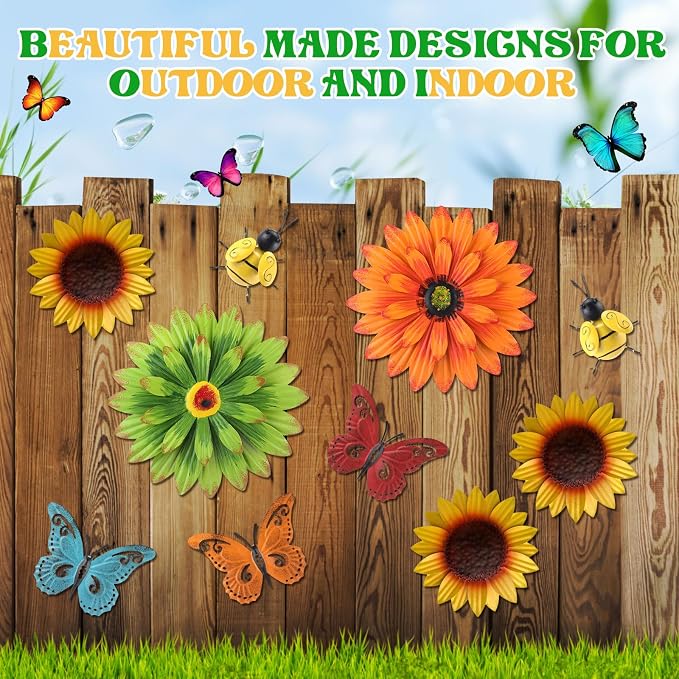Therwen 10 Pcs Metal Wall Art Decor for Outside 3D Metal Sunflower Bee Butterfly Backyard Decorations Hanging Outdoor Wall Art Multicolored Flowers for Garden Fence Patio Yard Outdoor Porch