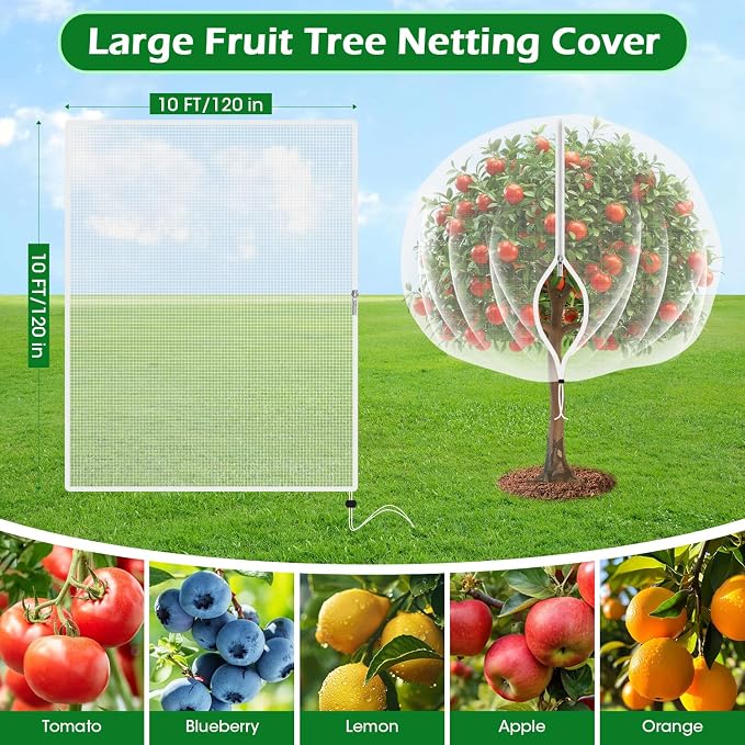 10'x10' Fruit Tree Netting Cover with Zipper and Drawstring | Ultra-Fine Mesh Garden Plant Insect Pest Net Barrier to Prevent Squirrel Bird Deer Cicadas Bag for Blueberry Tomato-1Pcs