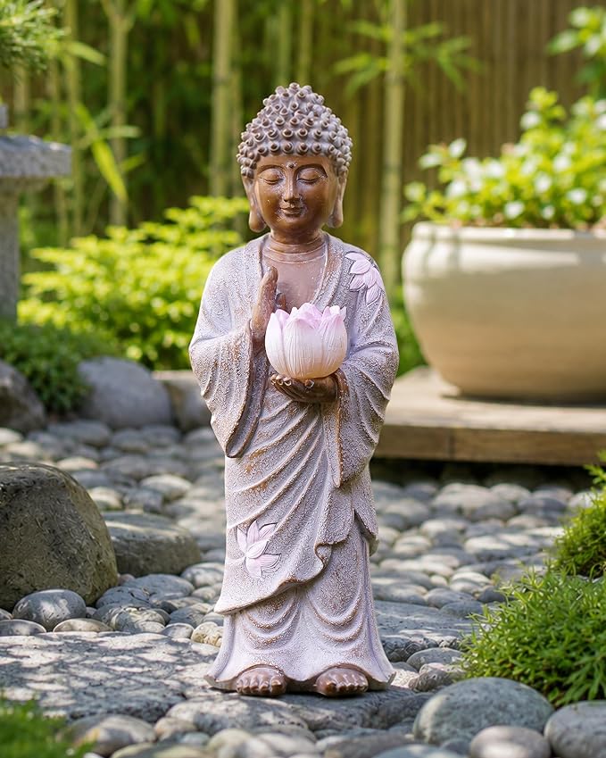 Nacome Solar Buddha Garden Statue Decor: Standing Resin Figurine with Lotus Flower Light Zen Sculpture for Patio Lawn Yard Porch Balcony Meditation Space - 11 inches(White)