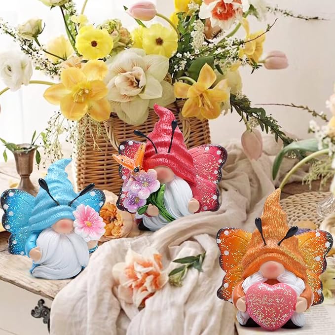 Hodao Spring Butterfly Gnomes Decorations Indoor Home Decor Scandinavian Tomte Elf Decor Gifts 3pcs Summer Resin Butterfly Elf Dwarf Kitchen Tiered Tray Decor