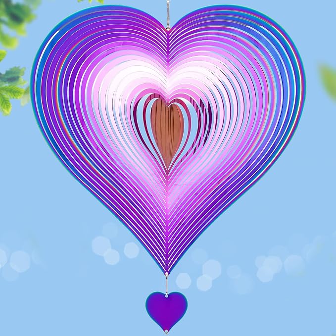 Stainless Steel Wind Spinner Outdoor Garden Decor, Gifts for Women Mom, 3D Metal Reflective Hanging Wind Spinners Sculpture for Outside Patio Garden Yard Porch Decorations (Colorful Heart, 12 Inch)