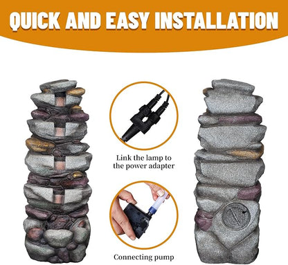 38.9" H Large Outdoor Fountain, 5-Tier Cascading Rock Waterfall Fountain with LED Lights, Freestanding Water Feature for Garden Patio Backyard Porch Decor