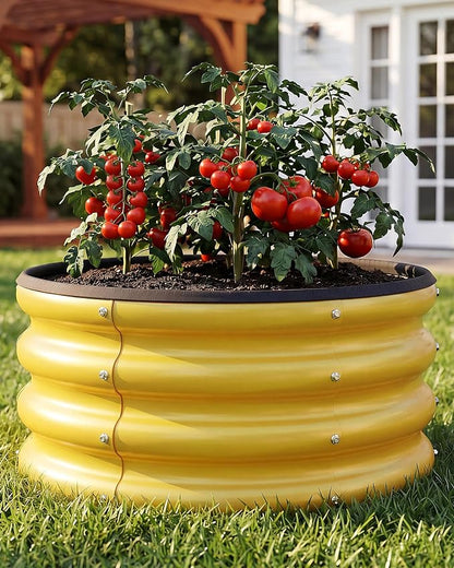2 x 2 x 1 ft Round Raised Garden Bed, Yellow 3 Pack 0.6 mm Thick Galvanized Steel Planter Box with Double Layer Paint and Safety Edge Trim for Vegetables Flowers Herbs Outdoor Garden