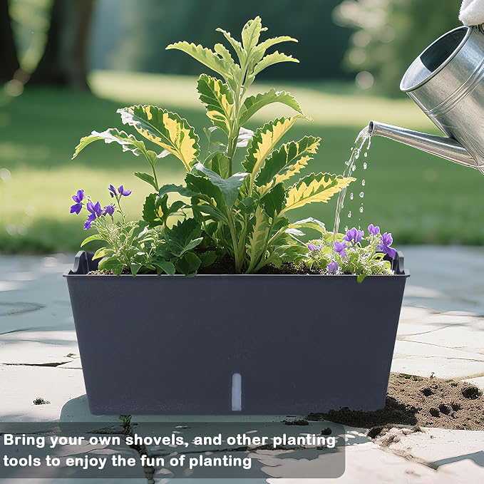 Window Box Planter 6 Pcs, 16.5 Inches Self Watering Rectangle Flower Plant Pots with Drainage Holes Trays, Vegetable Planters for Windowsill Patio Garden Balcony Porch Yard (Black)
