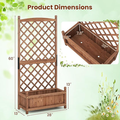 Giantex Raised Garden Bed with Trellis Set of 2, 60” Wooden Planter Container w/Drainage Holes, High Trellis for Plant Flower Climbing Pot Hanging, Indoor Outdoor Planter Box for Yard Garden Balcony