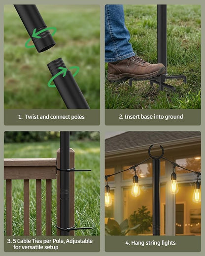 LAND·VOI Outdoor String Light Poles 4 Pack, Heavy Duty String Light Poles for Outside with 5-Prong Base & Adjustable Height, Perfect for Backyard, Patio, Garden, Fence and Party Decor