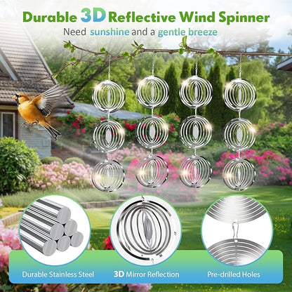 Bird Deterrents for Outside, 12 Discs Stainless Steel 3D Wind Spinners Garden Decor, 4 Sets Reflective Bird Scare Devices to Keep Woodpeckers, Pigeons Away from Patio, Balcony, Porch, Deck