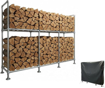 8ft Heavy Duty Tall Firewood Rack with Dual-Tier Structural Design | Constructed with Galvanized Steel Pipes and Featuring a Firewood Rack Cover,Load-bearing Capacity 4,800 lbs,Indoor/Outdoor