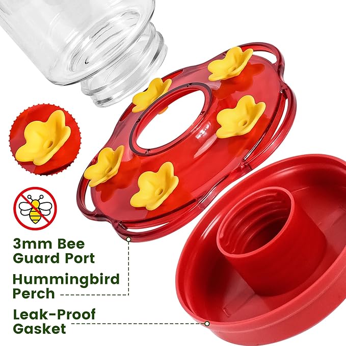 2 Pack Glass Hummingbird Feeders for Outdoors Hanging Ant and Bee Proof,15 Ounces Red Hummingbird Feeder with 5 Feeding Ports and Perches, Built-in Ant Moat, Outside Garden Décor (Glass, 2)