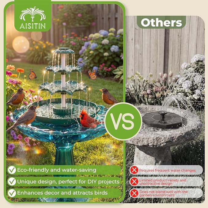 AISITIN 6.5W Solar Bird Bath Fountain, 3-Tiered Waterfall, DIY Detachable Solar Fountain Pump & Adjustable Panel, Lightweight Resin Plastic for Garden, Outdoor Bird Feeder, Pond Decor
