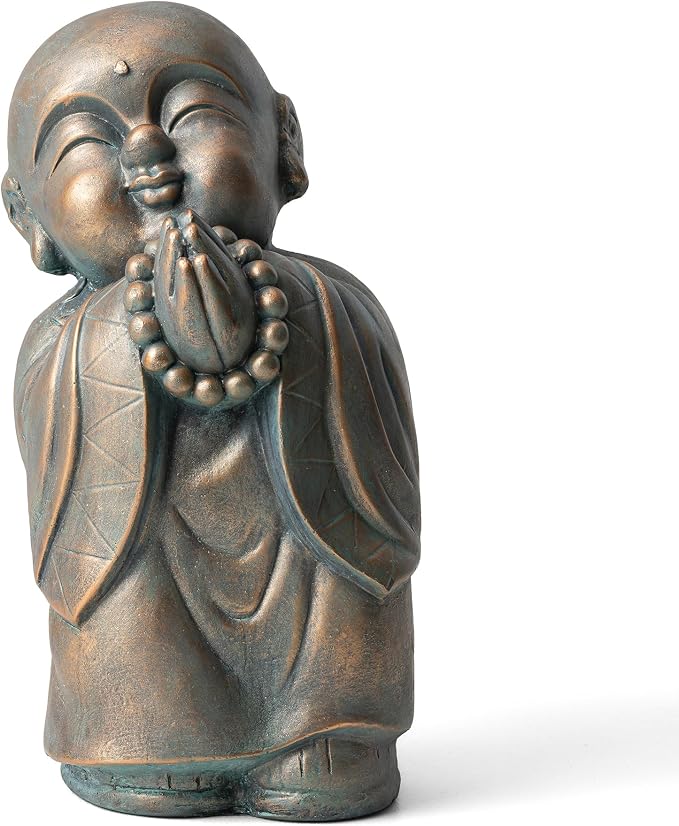 Glitzhome MGO Faux Bronze Little Buddha Monk Garden Staue Indoor and Outdoor Sculpture Decoration, 16.5" H