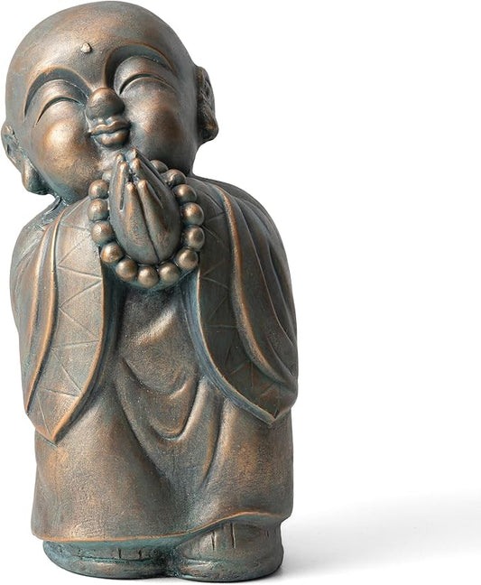 Glitzhome MGO Faux Bronze Little Buddha Monk Garden Staue Indoor and Outdoor Sculpture Decoration, 16.5" H