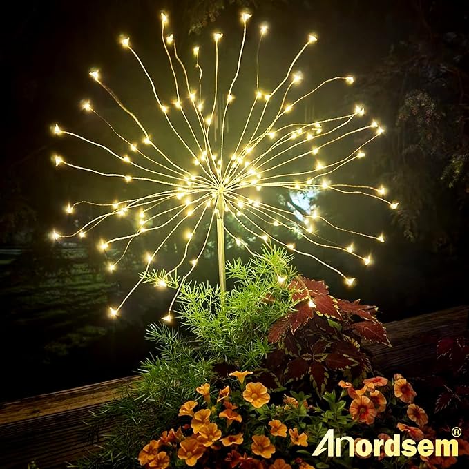 Anordsem Solar Garden Lights Outdoor: Bendable Copper Wire with 120 LED Firework Beads - Warm Waterproof DIY Starburst Decoration for Yard Pathway Patio - Gifts for Women Mom Homeowners