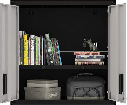 Floating Garage Storage Cabinet - Heavy-Duty Wall Mount Steel Cabinet, Lockable 2-Door Design, Removable Shelf, 44 lbs Capacity, Ready-to-Assemble Metal Garage Organizer (Black and Grey)