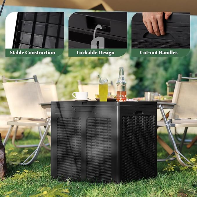 Tangkula 39 Gallon Outdoor Storage Box, Waterproof PP Resin Patio Storage Box with Lockable Lid for Indoor & Outdoor Use, Rattan Design Deck Box for Cushions, Garden Tools