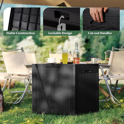 Tangkula 39 Gallon Outdoor Storage Box, Waterproof PP Resin Patio Storage Box with Lockable Lid for Indoor & Outdoor Use, Rattan Design Deck Box for Cushions, Garden Tools