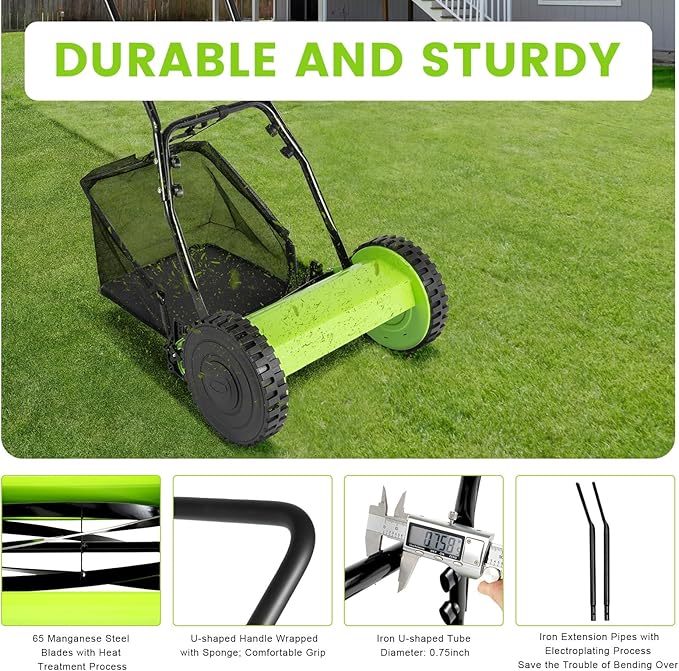 Manual Reel Push Mower, Push Lawn Mowers Manual with Grass Catcher, Push Reel Lawn Mower 12 Inch 5-Blade, Adjustable Cutting Height