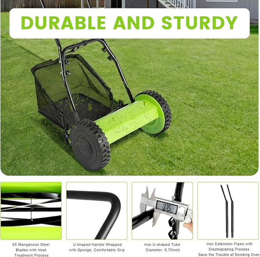 Manual Reel Push Mower, Push Lawn Mowers Manual with Grass Catcher, Push Reel Lawn Mower 12 Inch 5-Blade, Adjustable Cutting Height