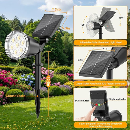 Solar Lights Outdoor Spot Light Waterproof: 1000LM Adjustable Cool White Spotlights - 2-in-1 15Hrs+ Bright Wall Spot Light - Solar Powered Landscape Spotlight for Garden, Yard, Tree, Flag