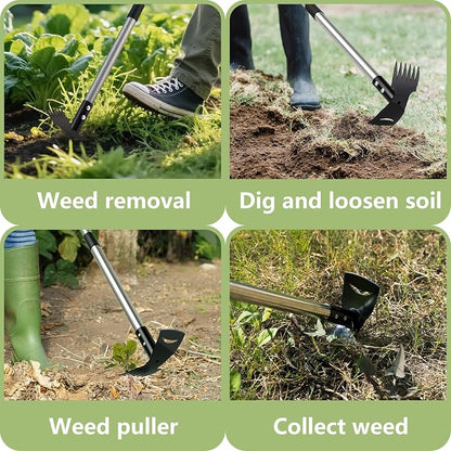 Mitclear Weed Remover Tool with Long Handle(58IN), 2-in-1 Hand Weed Puller with Rake & Garden Hoe Combo for Gardening, Manual Weeding Tools for Gardens, Yards, Patios, Lawns, and Paved Areas