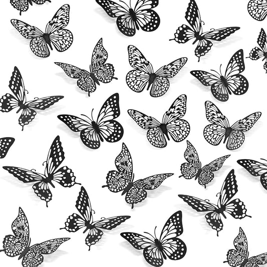 SAOROPEB 3D Butterfly Wall Decor - 48 Pcs, 4 Styles, 3 Sizes - Gold Butterfly Decorations for Birthday and Party Cake Decorations - Removable Stickers (Black)