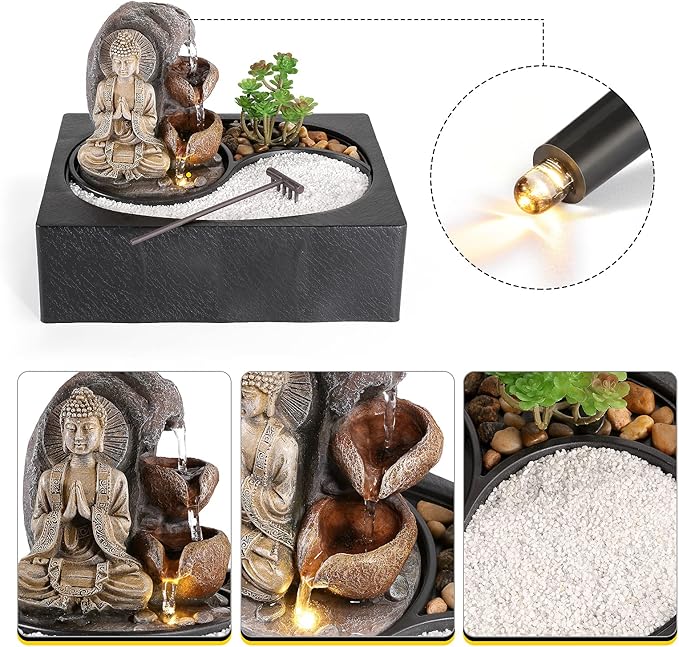 Dyna-Living Indoor Water Fountains Tabletop Water Fountain with Warm Light | Zen Water Fountain Buddha Waterfall for Relaxation, Desk Zen Waterfall Feature for Home & Office Feng Shui Decor, Quiet Pump