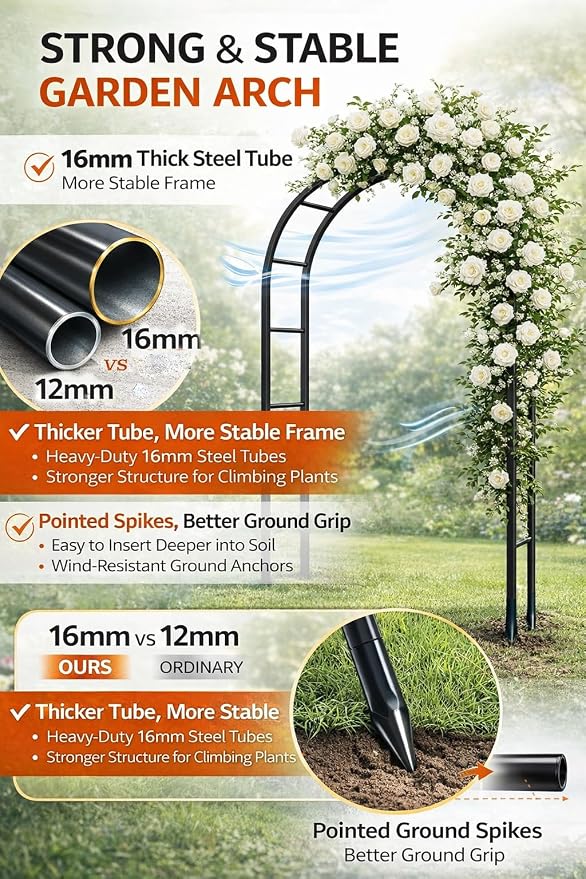 Thickened Tube Garden Arch,7.3ft Heavy-Duty Metal with 16mm Steel Tubes & 0.5mm Thickened Wall, Durable Outdoor Trellis for Climbing Plants,Roses,Garden Party,Ceremony & Decorations (Black)