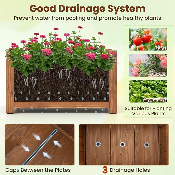 Giantex Raised Garden Bed, Wooden Planter Box Outdoor, 25”x 16”x 15” Rectangular Garden Bed for Vegetables Flower Herb Fruit