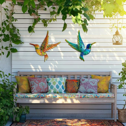HONGLAND Metal Hummingbird Wall Art 12inch Metal Birds Wall Sculpture Garden Decoration Outdoor Statue Patio Fence Hanging Plaques 2 Pack（Multicolor）