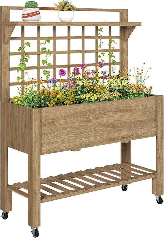 Outsunny 41" Raised Garden Bed with Trellis on Wheels, Wooden Elevated Planter Box with Legs and Bed Liner, for Flowers, Herbs & Vegetables, Dark Brown
