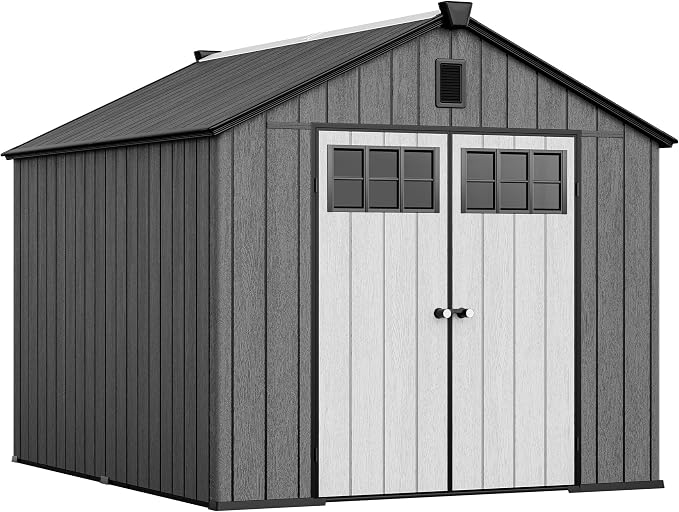 YITAHOME 8x10 FT Outdoor Storage Shed with Floor, Extra Thick Plastic Garden Shed for Bikes, Tools and Pool Supplies, Resin Storage Shed with Door Window Insert, Vents for Patio Backyard, Black