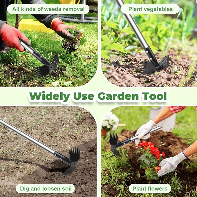 Weed Puller Tool with Long Handle, 60" Weed Remover Tool, 2 in 1 Weed Rake & Garden Hoe for Weeding, Weeder Tool with Detachable Handle, Uprooting Weeding Tool for Yard, Lawn, Patio, Garden