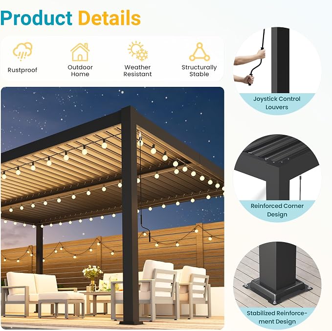 Louvered Pergola, 12' x 16' Outdoor Pergola, Aluminum Frame Patio Gazebo with Adjustable Louvers Roof and Integrated Gutter System, Outdoor Hardtop Gazebo for Patio, Backyard, Deck, Garden, Dark Gray