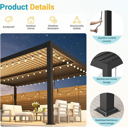 Louvered Pergola, 12' x 16' Outdoor Pergola, Aluminum Frame Patio Gazebo with Adjustable Louvers Roof and Integrated Gutter System, Outdoor Hardtop Gazebo for Patio, Backyard, Deck, Garden, Dark Gray