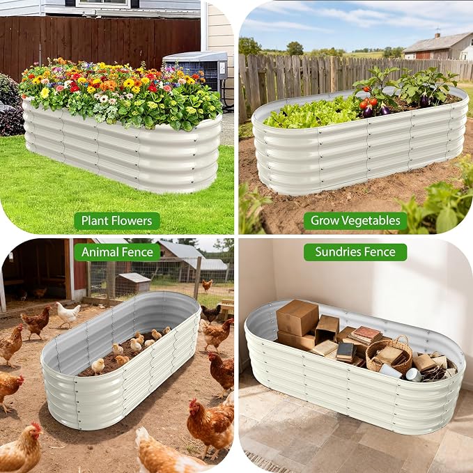 17" Tall Oval-Shaped / Elliptic Metal Raised Garden Bed Outdoor Cream White | 60X24X17 Inch,1.5 FT Tall,0.8MM Thick Galvanized Metal Painted,for Variety of Flowers,Herbs,Vegetables.with Gloves,Tool free