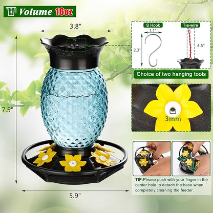 Fchstaer Glass Hummingbird Feeders for Outdoors Hanging 16oz 2 Pack Blue Pineapple Bee & Ant Proof 360°Perch Leakproof Easy Clean with 6 Feeding Ports Gifts for Mom