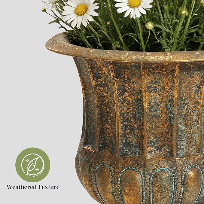 Worth Garden 24.5" H. Metal Urn Planters 1-Pack - Bronze Classic Antique Iron Plant Pots - Large Decorative Rustic Flower Pots for Outdoor Use - Traditional Urn Planter for Patio, Front Porch