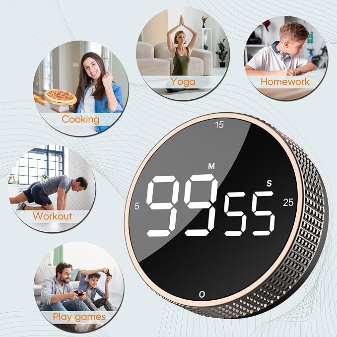 Digital Kitchen Timer - Magnetic Countdown Count Up Clock with Large LED Display, 5/15/25 Min Presets, 3 Volume Levels, Rotary Dial for Cooking, Productivity, Classroom, Fitness (2, Tarnish)