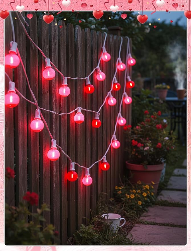 LED Valentine’s Day String Lights, 50Ft Valentines Decorations Outdoor | 25+2 G40 Round Bulbs, Connectable, Shatterproof Hanging Indoor Fairy Lights for Wedding Date Patio, Clear Red Pink