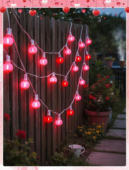 LED Valentine’s Day String Lights, 50Ft Valentines Decorations Outdoor | 25+2 G40 Round Bulbs, Connectable, Shatterproof Hanging Indoor Fairy Lights for Wedding Date Patio, Clear Red Pink