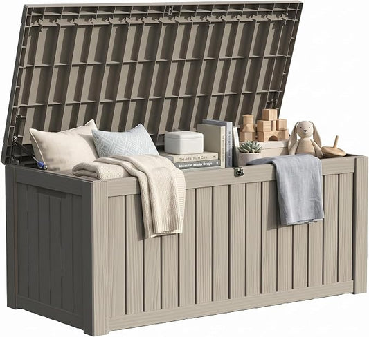 150 Gallon Outdoor Deck Box Waterproof, Large Storage Box for Patio, Resin Storage Bench Lockable for Garden Tools, Package Delivery, Grey