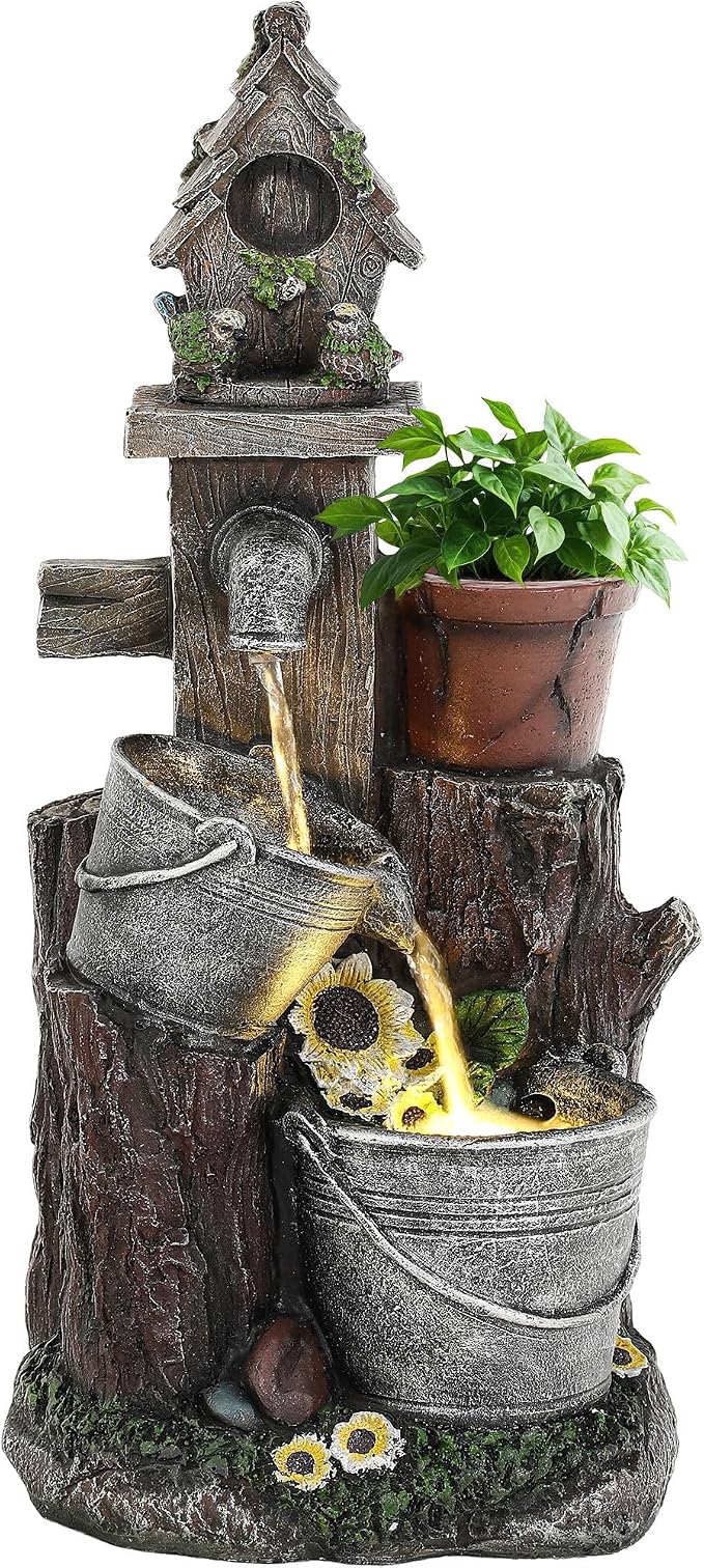20" 3-Tier Resin Birdhouse Water Fountain with Warm LED Lights | Pastoral Cascading Bucket Water Feature with Soothing Outdoor Fountain for Patio Backyard Garden Porch