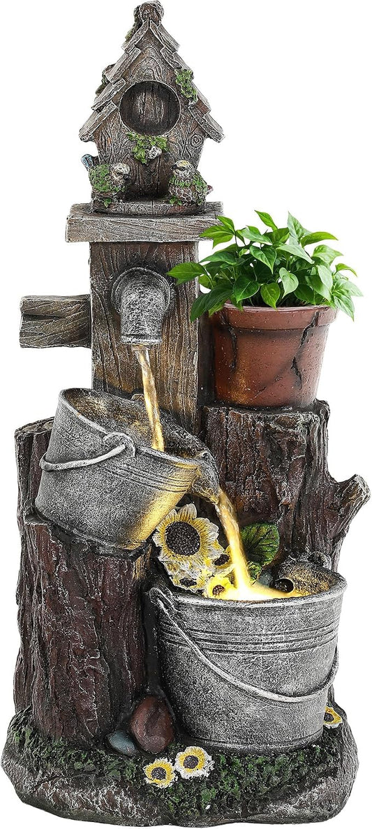 20" 3-Tier Resin Birdhouse Water Fountain with Warm LED Lights | Pastoral Cascading Bucket Water Feature with Soothing Outdoor Fountain for Patio Backyard Garden Porch