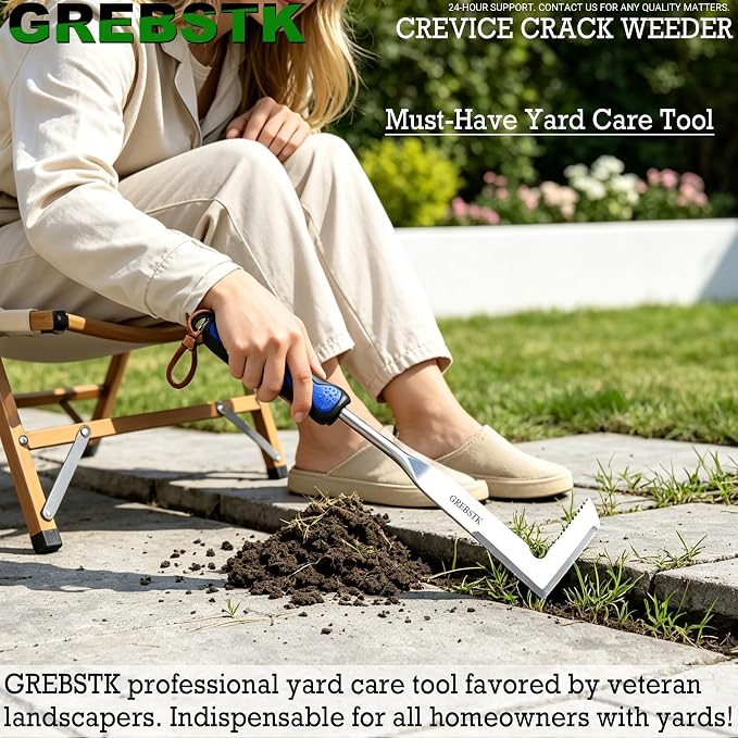 GREBSTK Crack Weeder Crevice Weeding Stainless Steel Sharp Lightweight Tool | Razor-Sharp Rust-Resistant L-Shaped Blade, Comfortable Non-Slip Handle, for Patio Cracks, Driveway Gaps, Walkway Edging