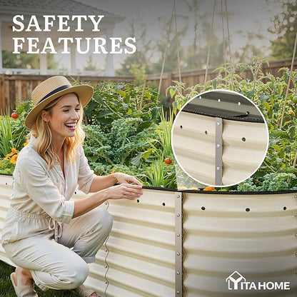 YITAHOME 8x2x2ft Galvanized Oval Raised Garden Bed, Metal Planter Box with Safety Rubber, Gloves, Outdoor Flower Bed for Planting Plants Vegetables, Cream Yellow